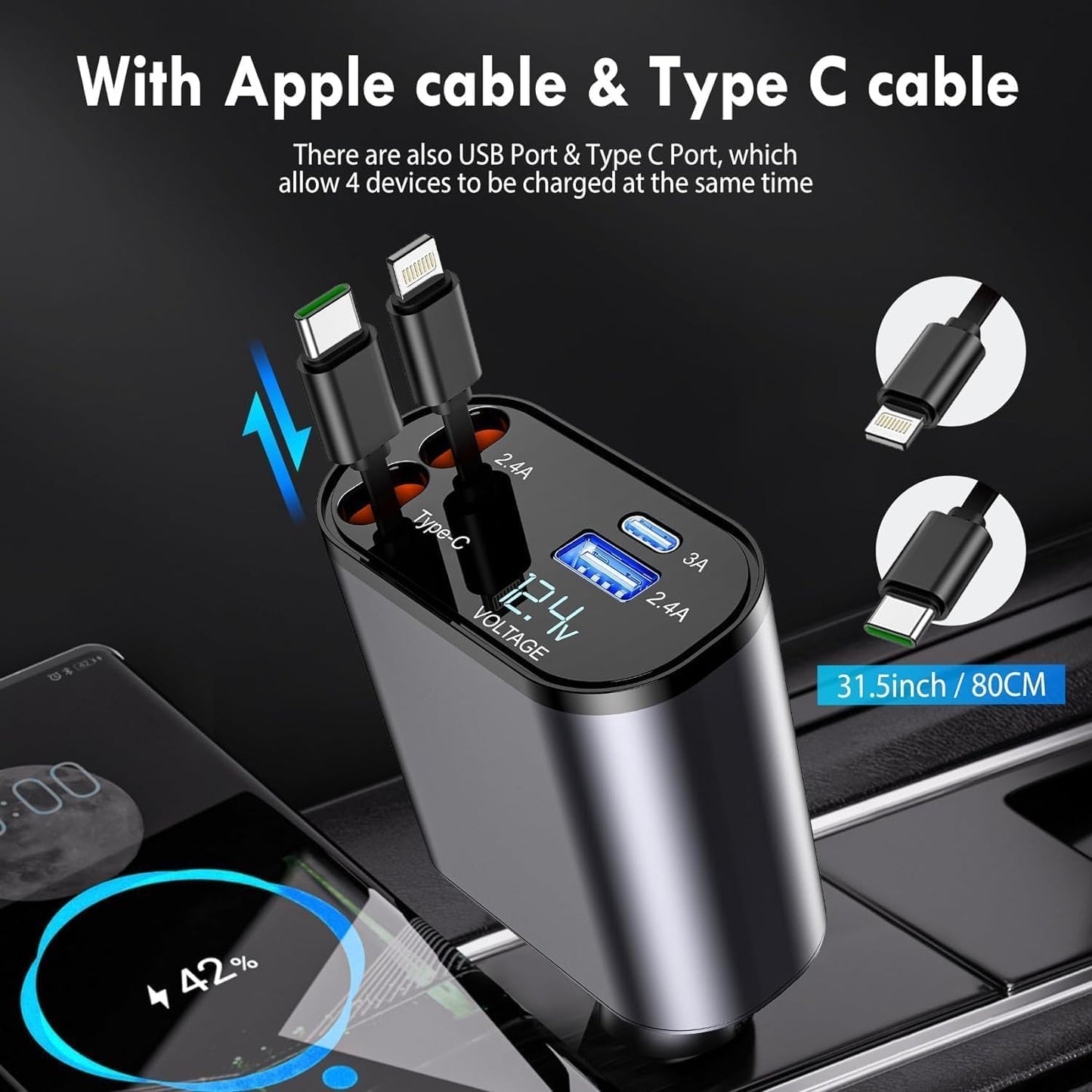 4-in-1 Smart Fast Car Charger | Dual USB + Built-in Cables | LED Voltage Display