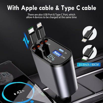 4-in-1 Smart Fast Car Charger | Dual USB + Built-in Cables | LED Voltage Display