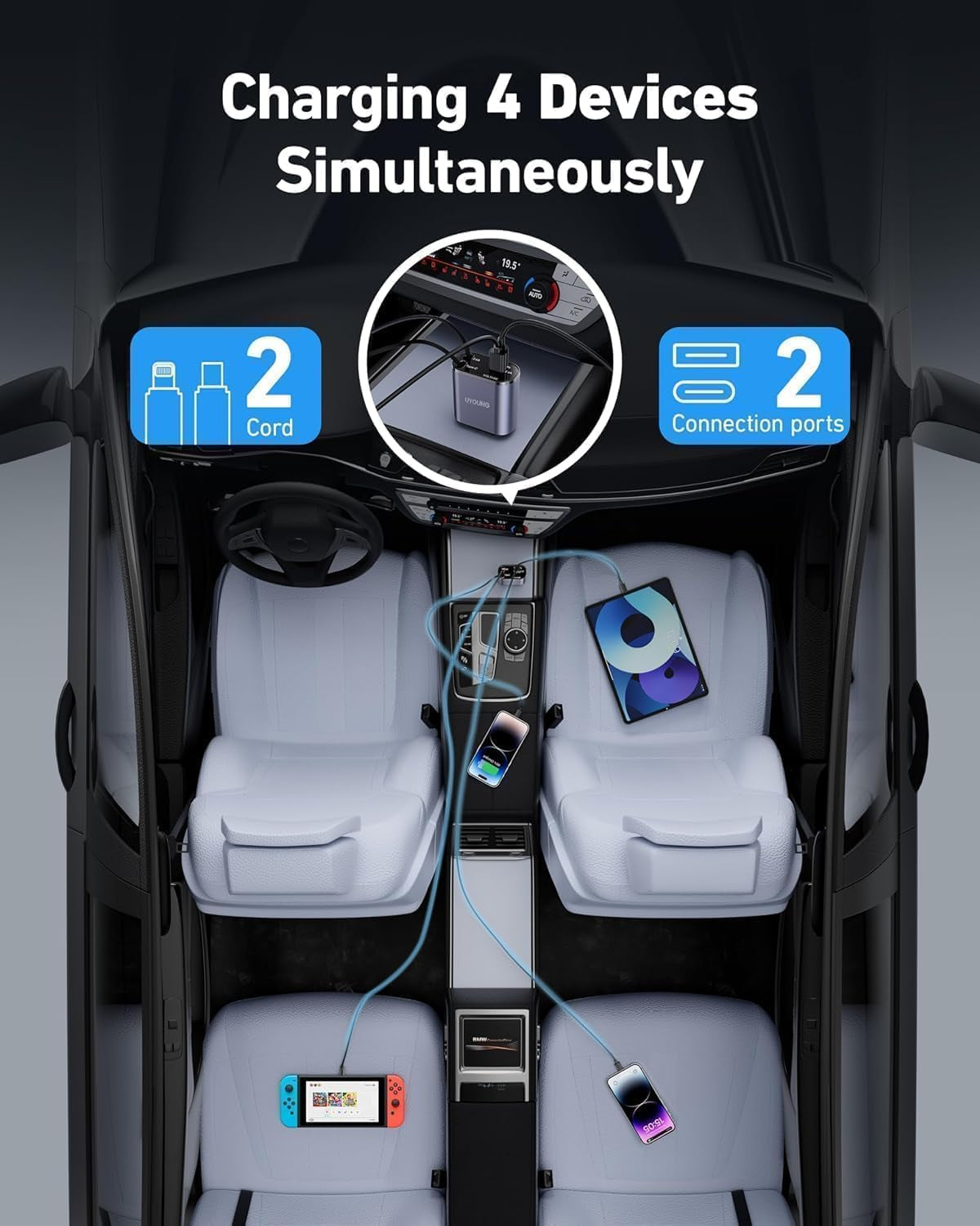 4-in-1 Smart Fast Car Charger | Dual USB + Built-in Cables | LED Voltage Display
