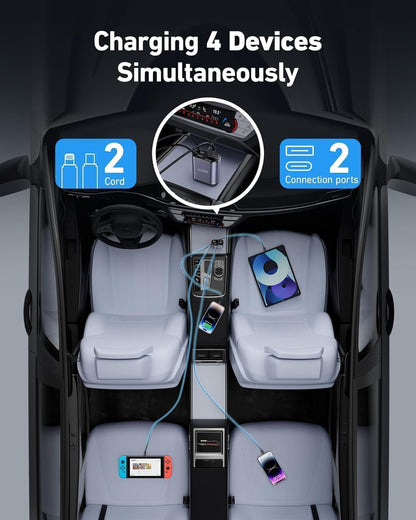 4-in-1 Smart Fast Car Charger | Dual USB + Built-in Cables | LED Voltage Display