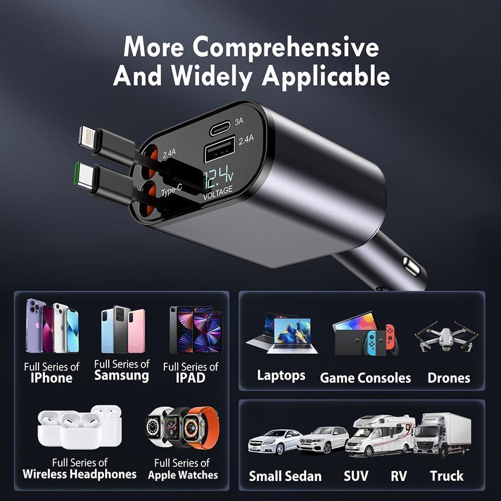 4-in-1 Smart Fast Car Charger | Dual USB + Built-in Cables | LED Voltage Display