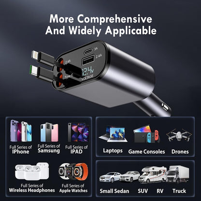 4-in-1 Smart Fast Car Charger | Dual USB + Built-in Cables | LED Voltage Display