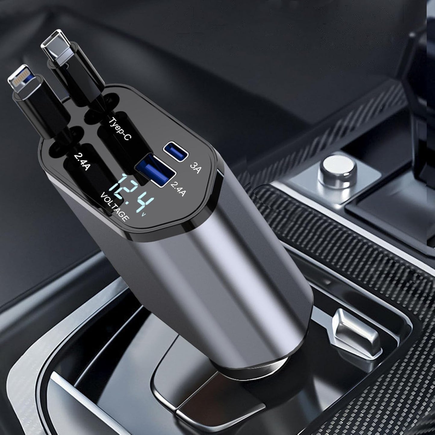 4-in-1 Smart Fast Car Charger | Dual USB + Built-in Cables | LED Voltage Display
